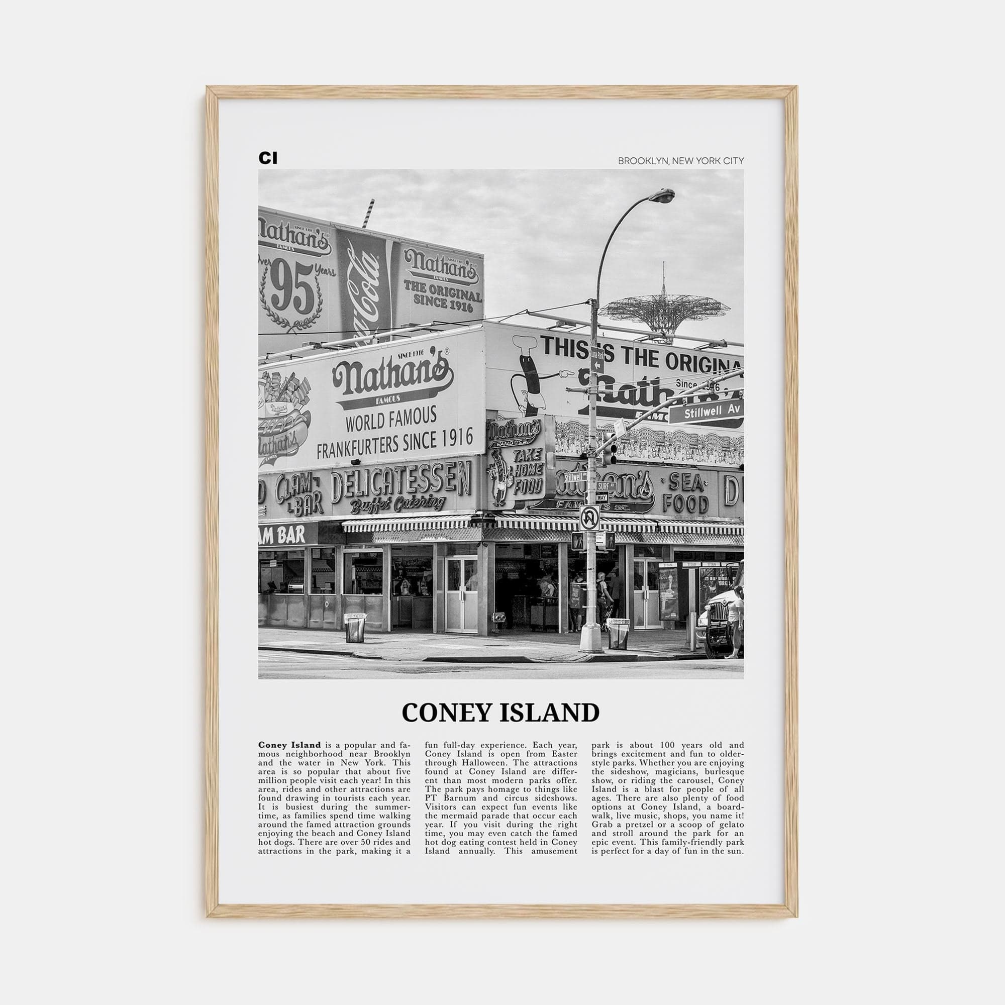 Coney Island Poster Natural Wood / 8x12 in Nbourhood Travel B&W Poster