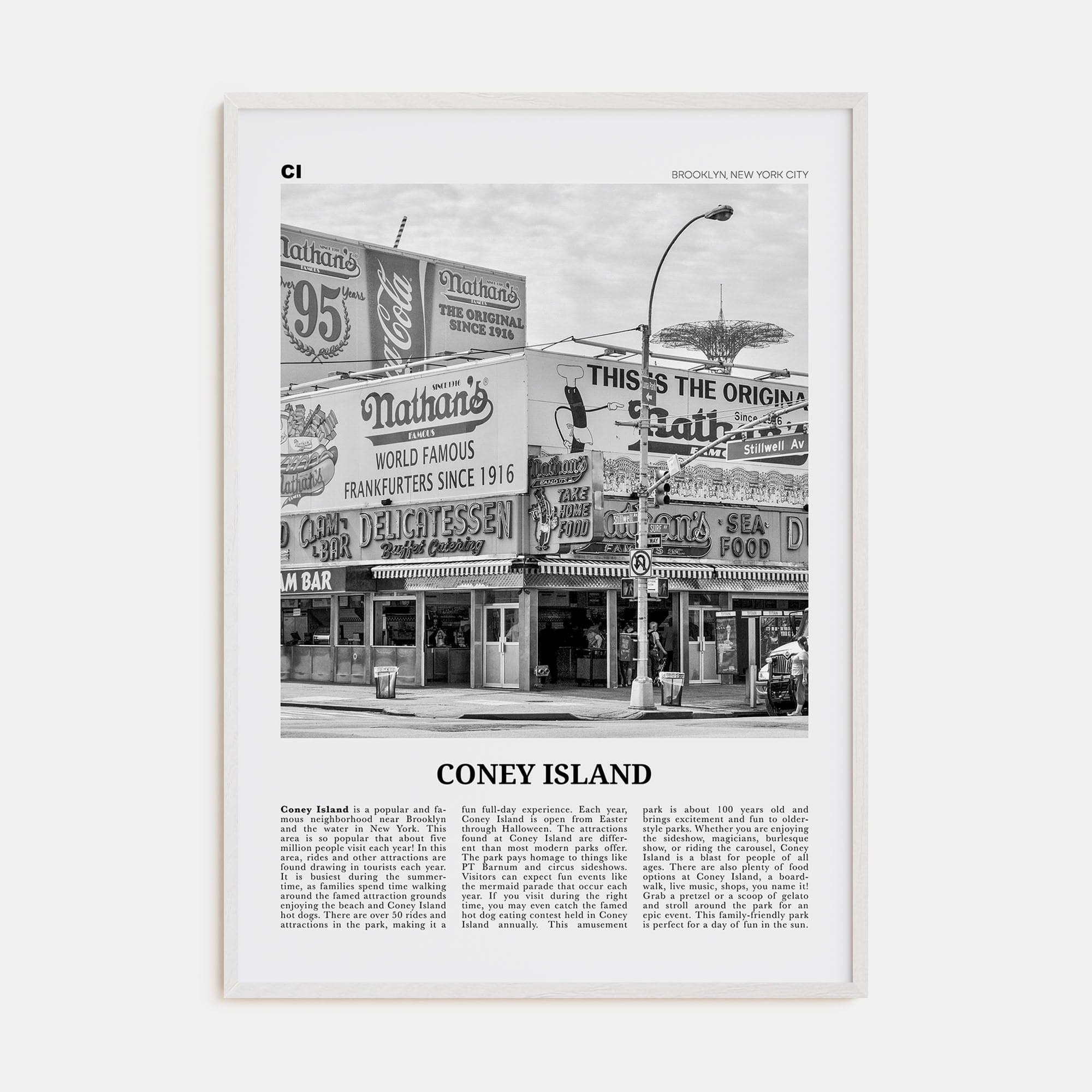 Coney Island Poster White Wood / 8x12 in Nbourhood Travel B&W Poster