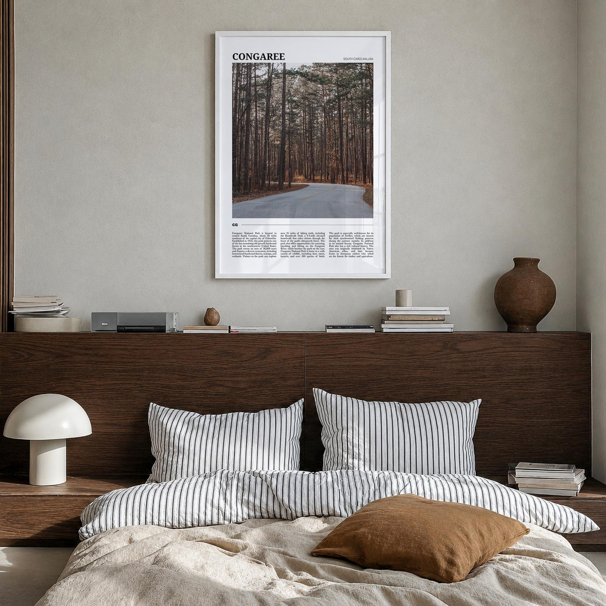 Congaree National Park colorful travel poster of South Carolina, USA – vertical wall art in white wood frame, hanging on wall