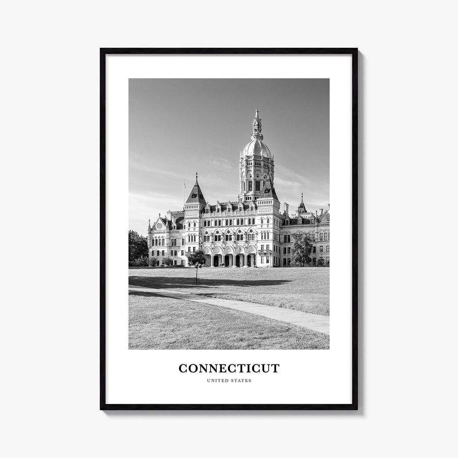 Connecticut black & white classic poster of United States – vertical wall art, unframed print shown in interior mockup