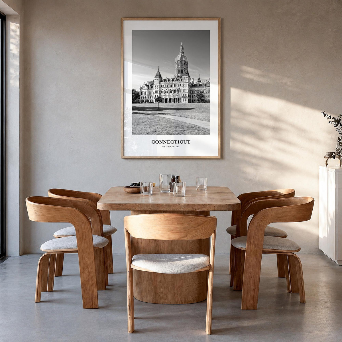 Connecticut black & white classic poster of United States – vertical wall art in natural wood frame, hanging on wall