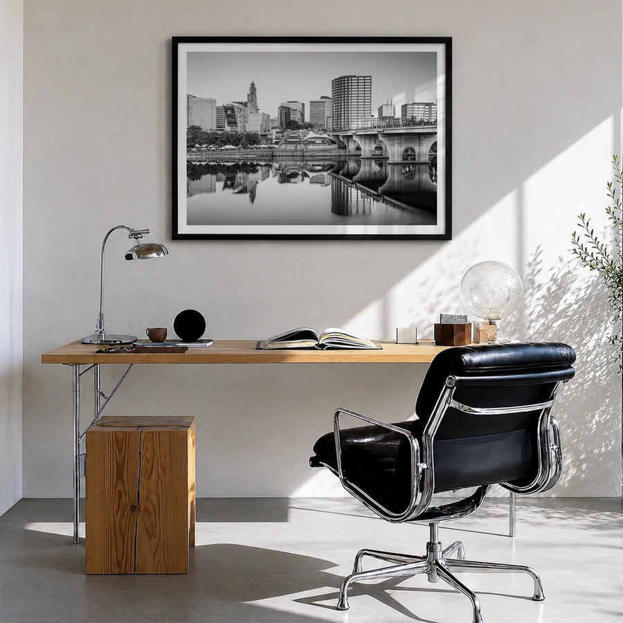 Connecticut black & white photo poster of United States – horizontal wall art in black wood frame with white border, hanging 