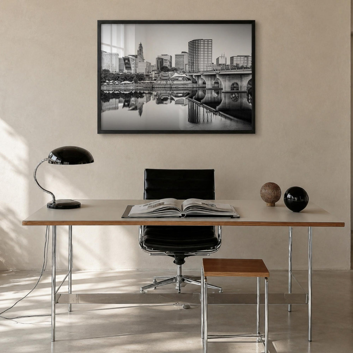 Connecticut black & white photo poster of United States – horizontal wall art in black wood frame, hanging on wall