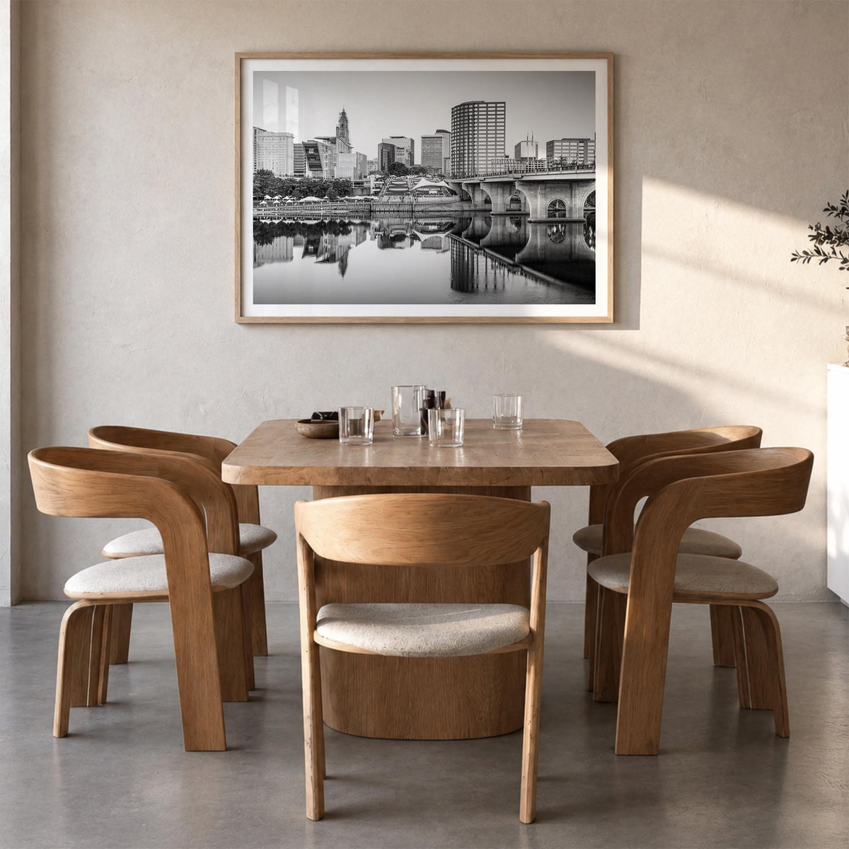 Connecticut black & white photo poster of United States – horizontal wall art in natural wood frame with white border, hangin