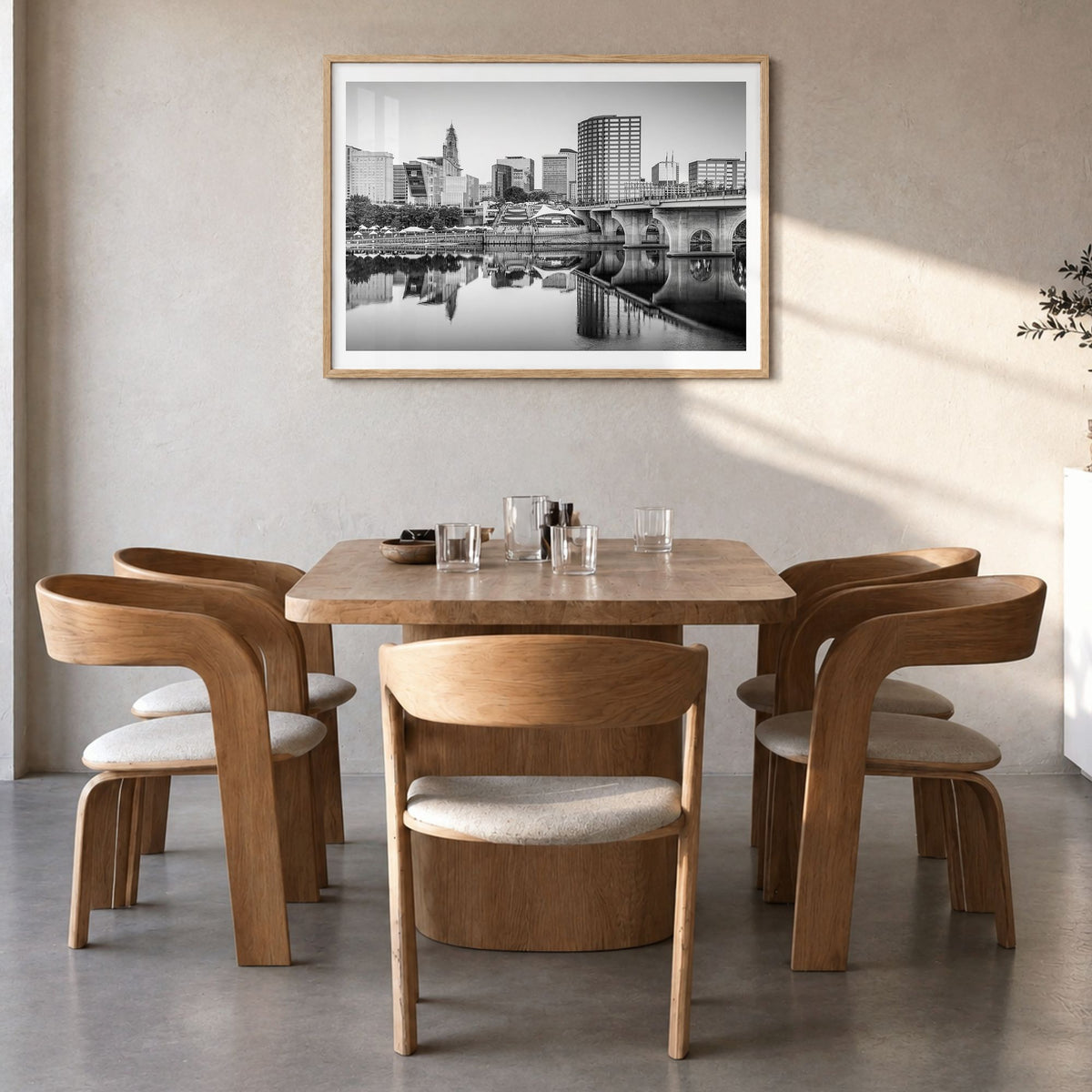 Connecticut Photo Poster in a natural wood frame, hanging in a dining room, white border