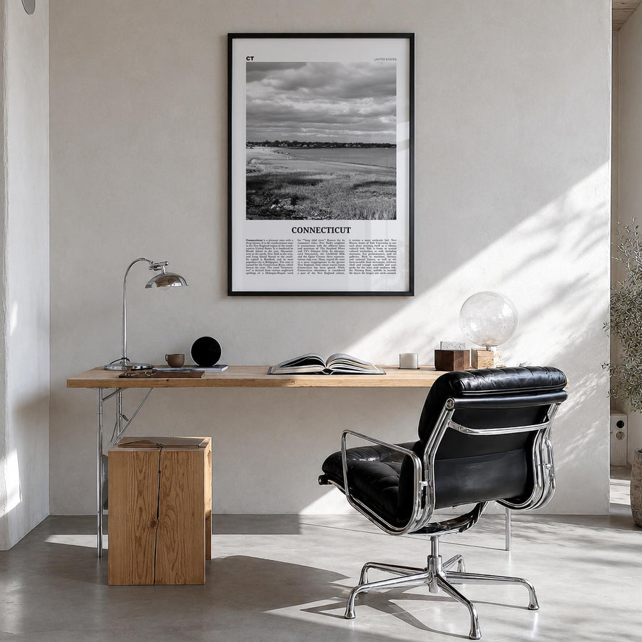 Connecticut no. 1 black & white newspaper poster of United States – vertical wall art in black wood frame, hanging on wall