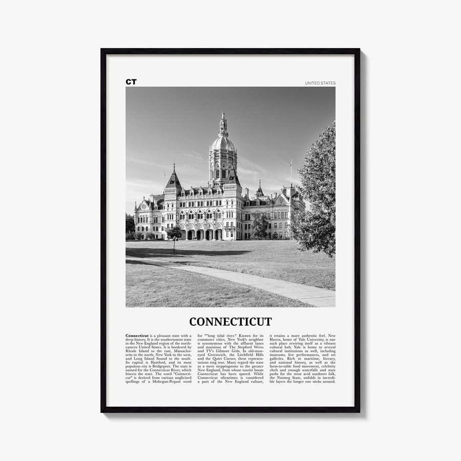 Connecticut no. 2 black & white newspaper poster of United States – vertical wall art, unframed print shown in interior mocku