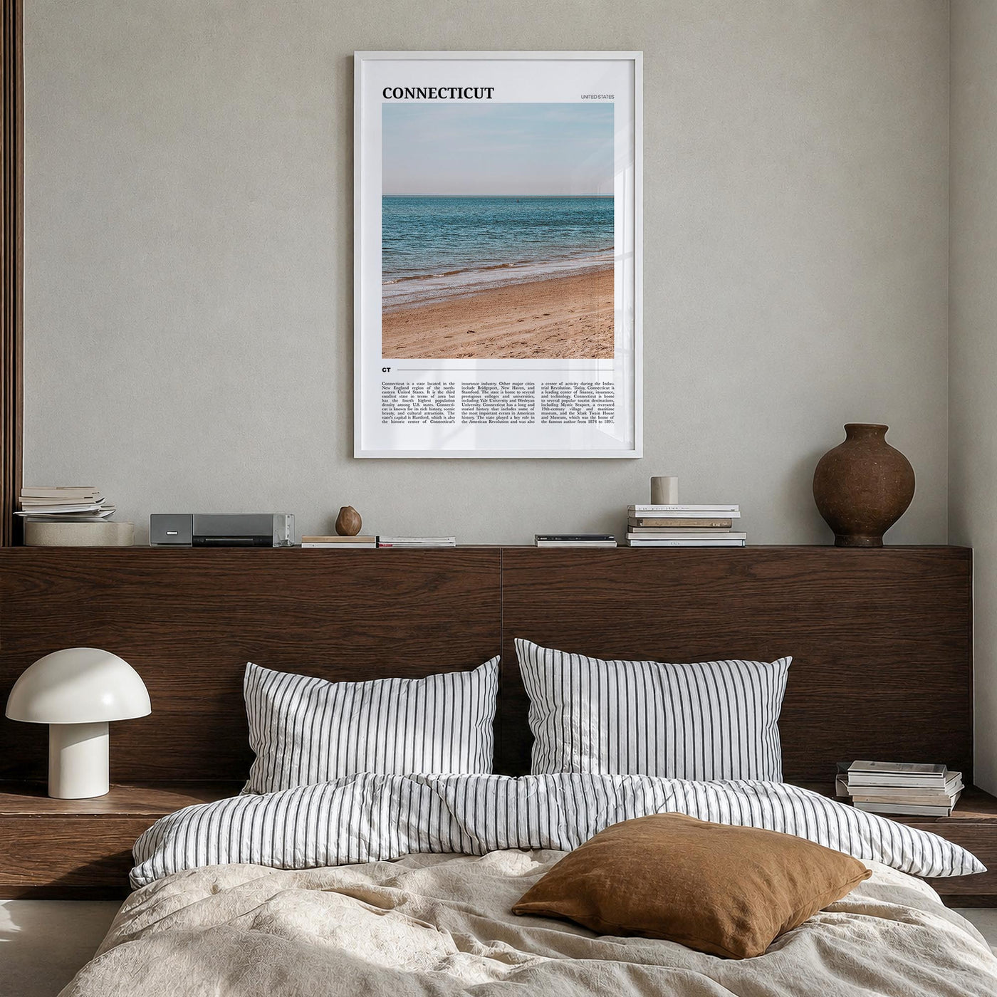 Connecticut no. 2 colorful travel poster of United States – vertical wall art in white wood frame, hanging on wall