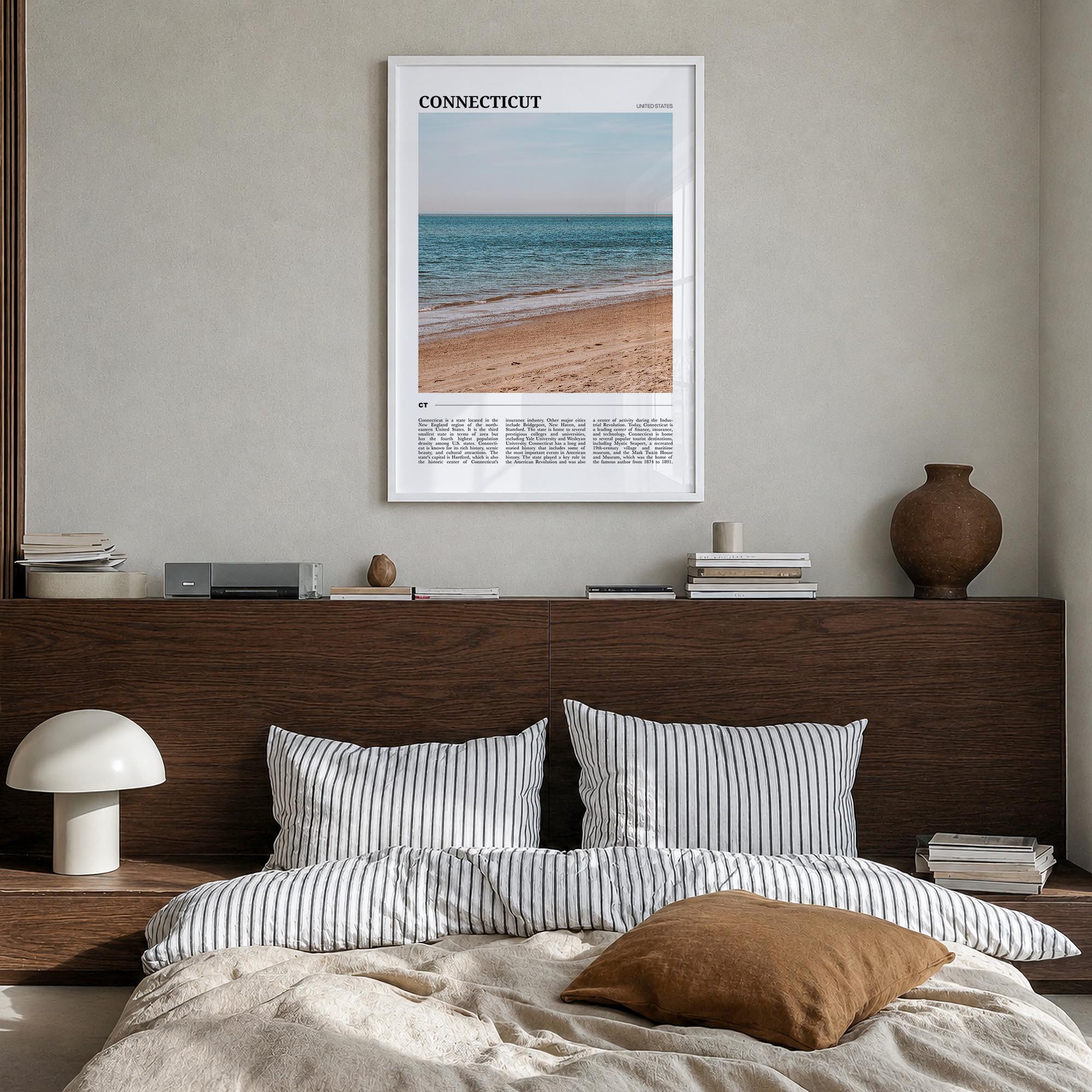 Connecticut no. 2 colorful travel poster of United States – vertical wall art in white wood frame, hanging on wall