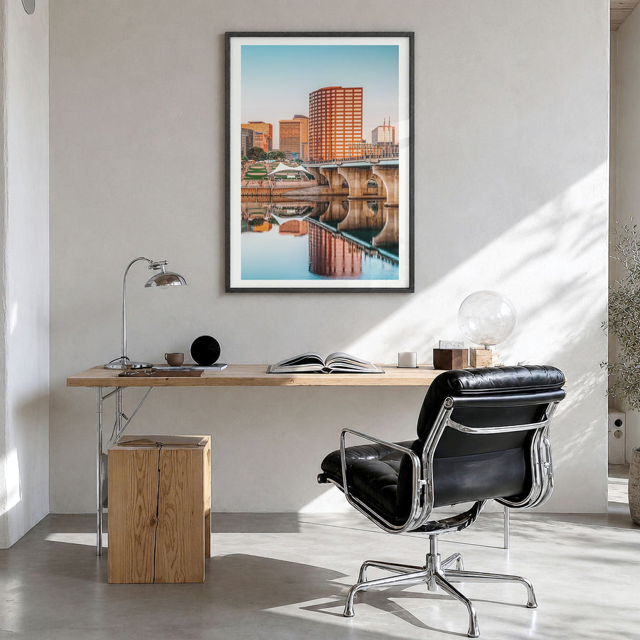 Connecticut Photo No 1 Poster in a black wood frame, hanging in a bright home office, white border