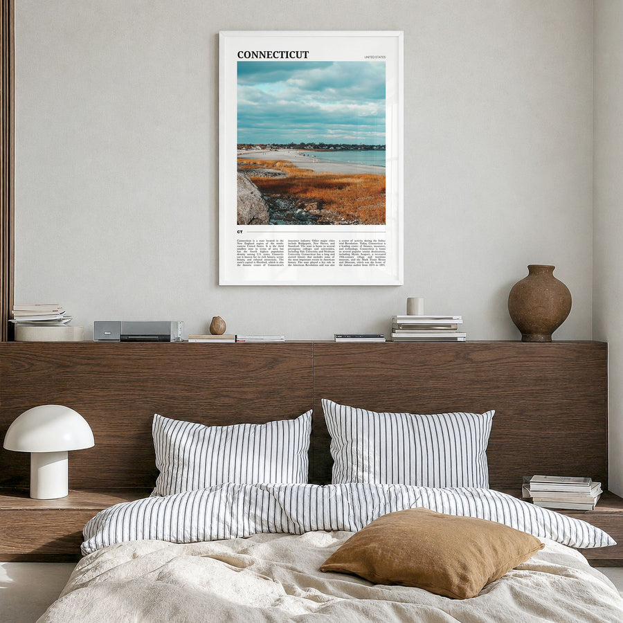 Connecticut Travel No 1 Poster in a white wood frame, hanging in a bedroom