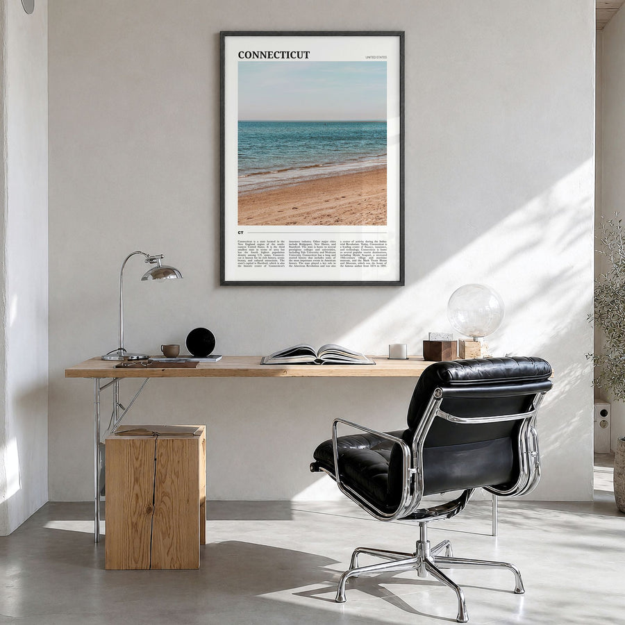 Connecticut Travel No 2 Poster in a black wood frame, hanging in a bright home office