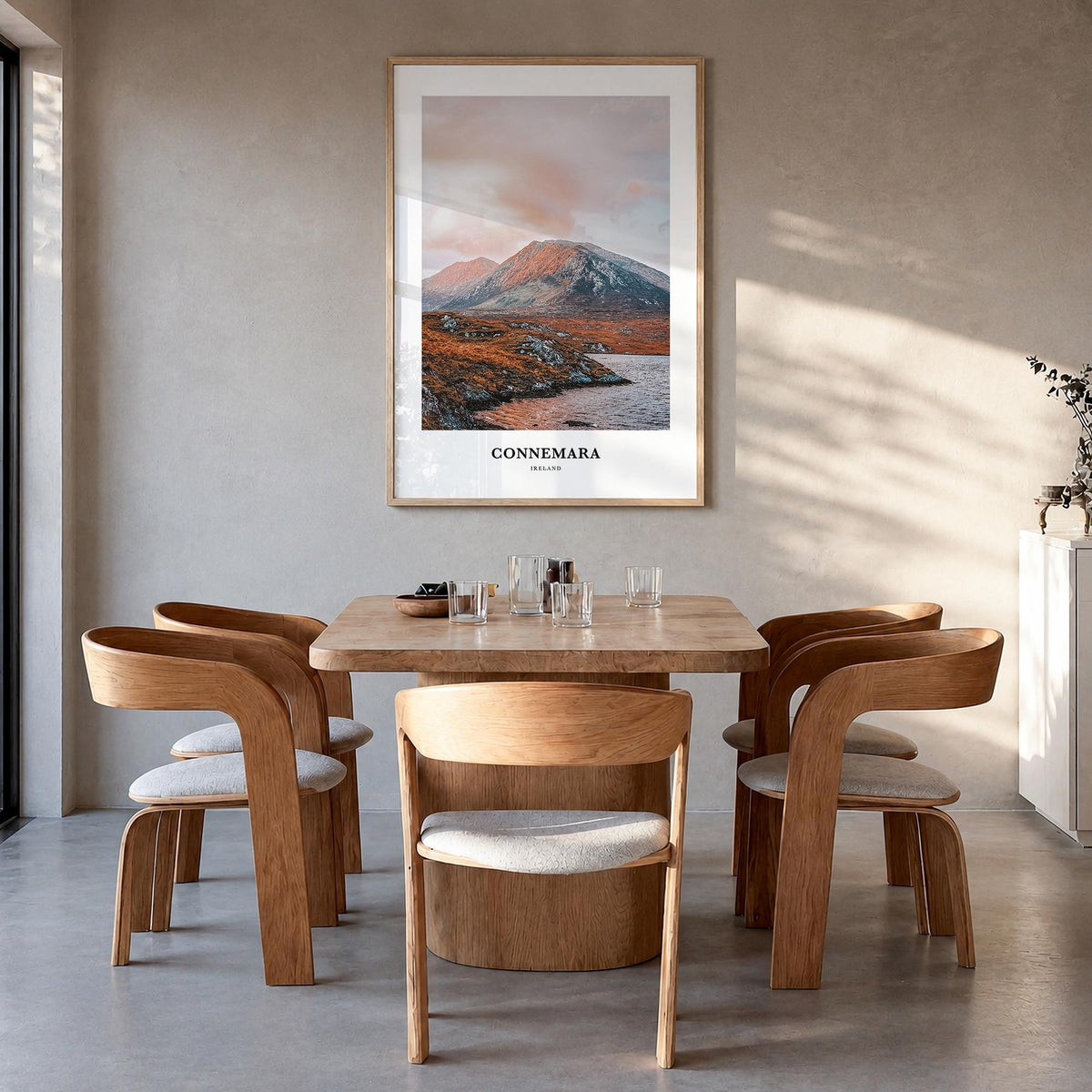 Connemara colorful classic poster of Ireland – vertical wall art in natural wood frame, hanging on wall