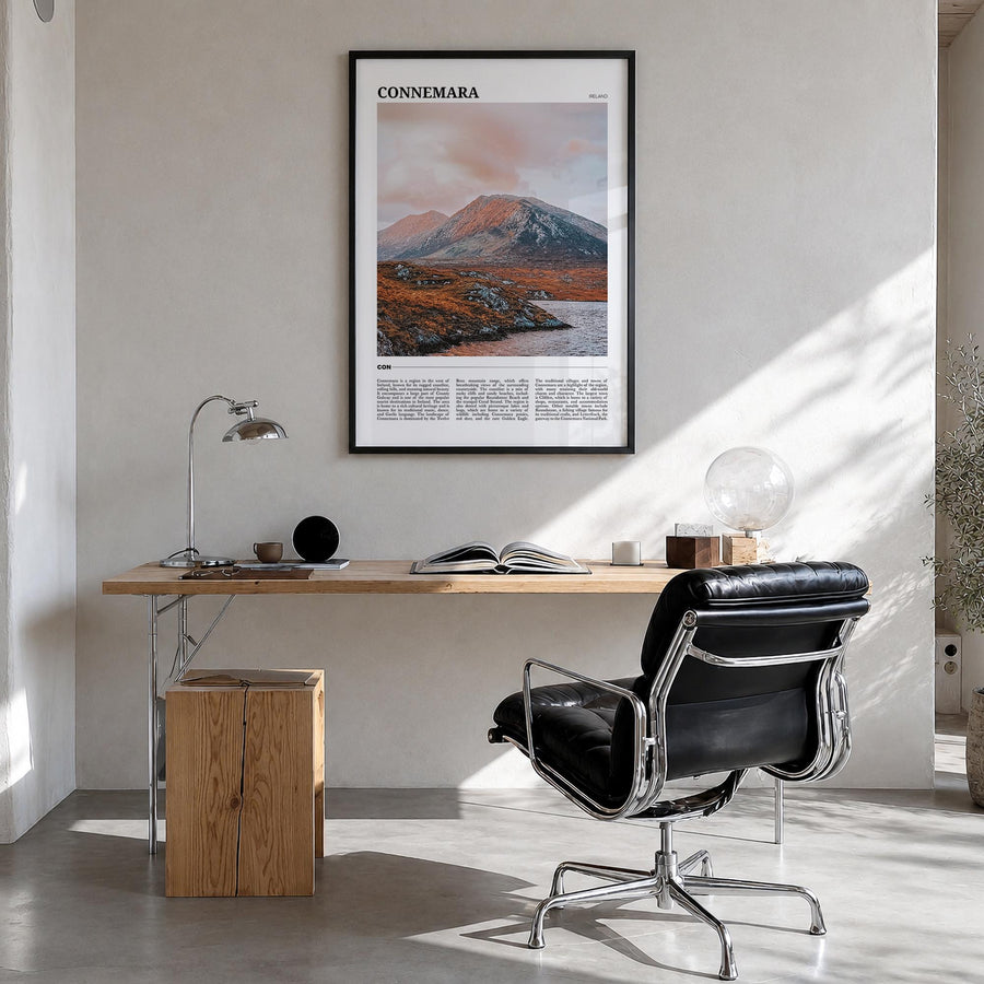 Connemara colorful travel poster of Ireland – vertical wall art in black wood frame, hanging on wall