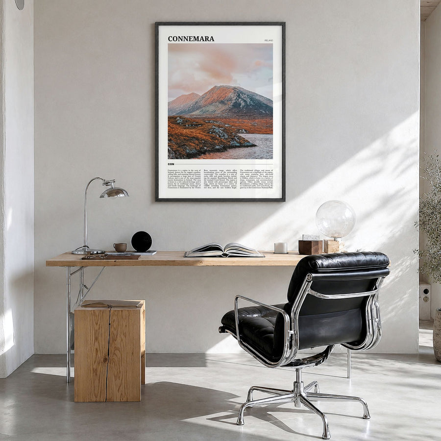 Connemara Travel Poster in a black wood frame, hanging in a bright home office