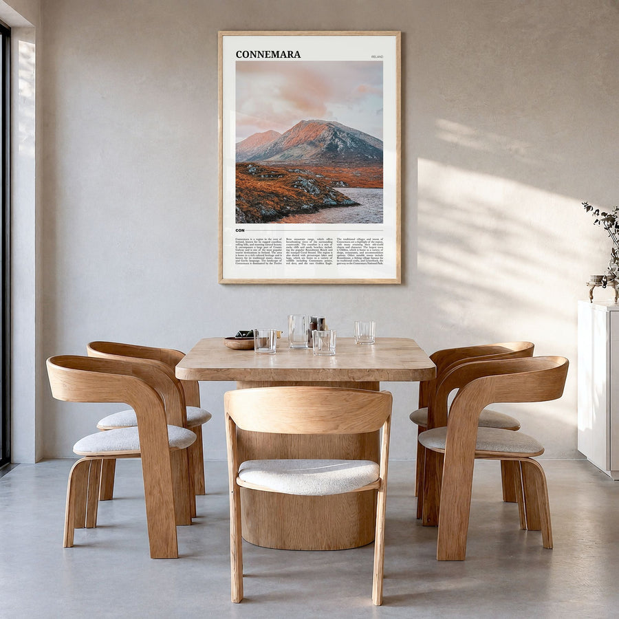 Connemara Travel Poster in a natural wood frame, hanging in a dining room