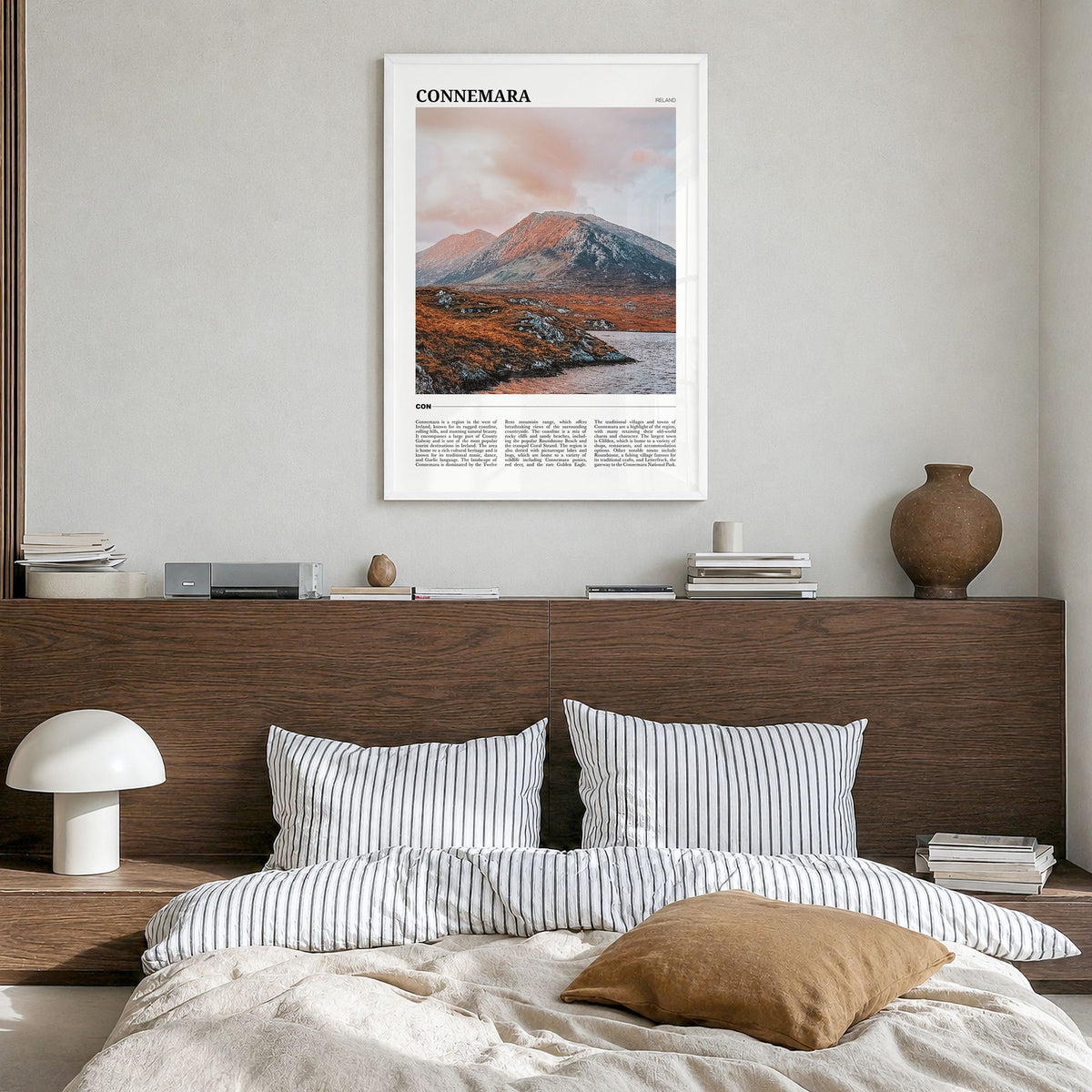 Connemara Travel Poster in a white wood frame, hanging in a bedroom