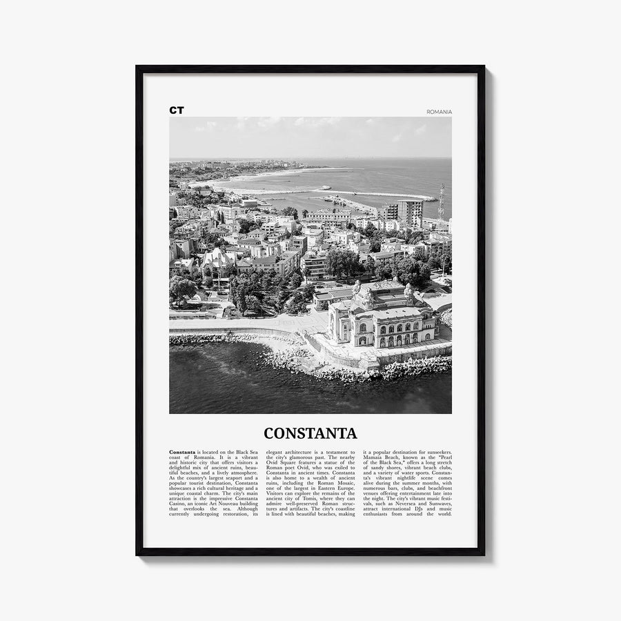 Constanța black & white newspaper poster of Romania – vertical wall art, unframed print shown in interior mockup