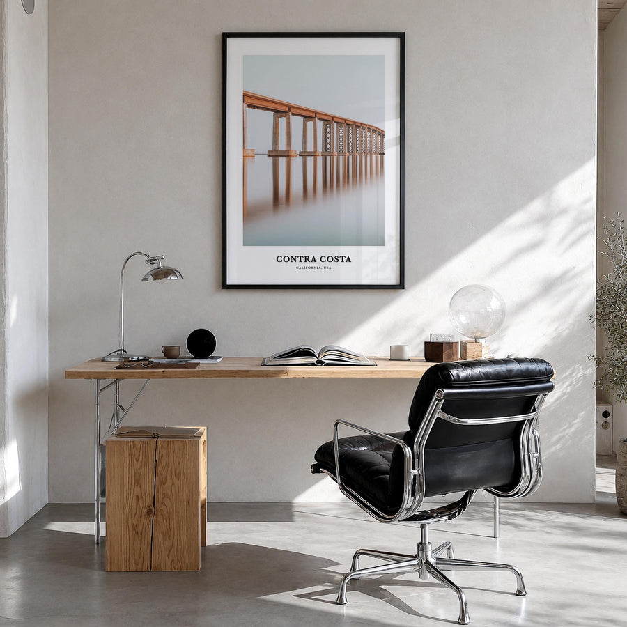 Contra Costa County colorful classic poster of California, USA – vertical wall art in black wood frame, hanging on wall