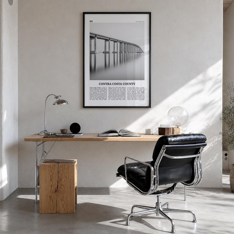Contra Costa County black & white newspaper poster of California, USA – vertical wall art in black wood frame, hanging on wal
