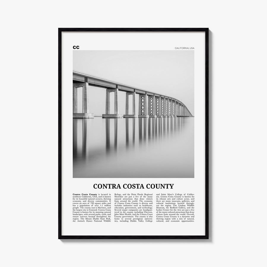 Contra Costa County black & white newspaper poster of California, USA – vertical wall art, unframed print shown in interior m