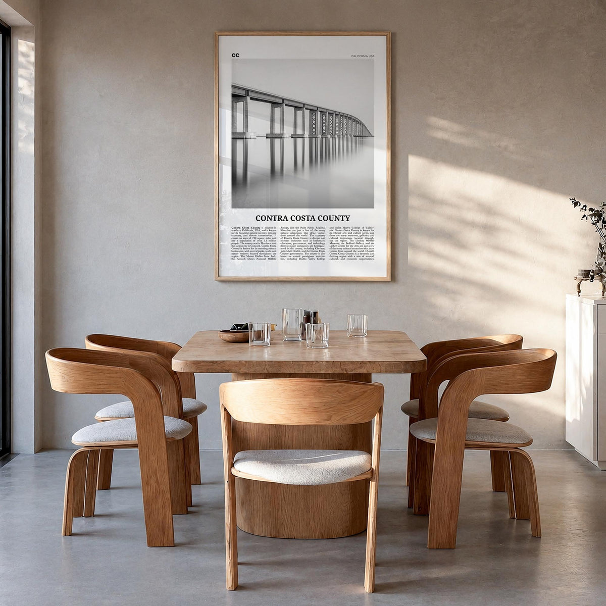 Contra Costa County black & white newspaper poster of California, USA – vertical wall art in natural wood frame, hanging on w