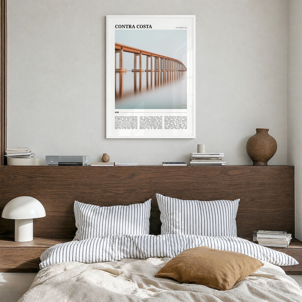 Contra Costa County Travel Poster in a white wood frame, hanging in a bedroom