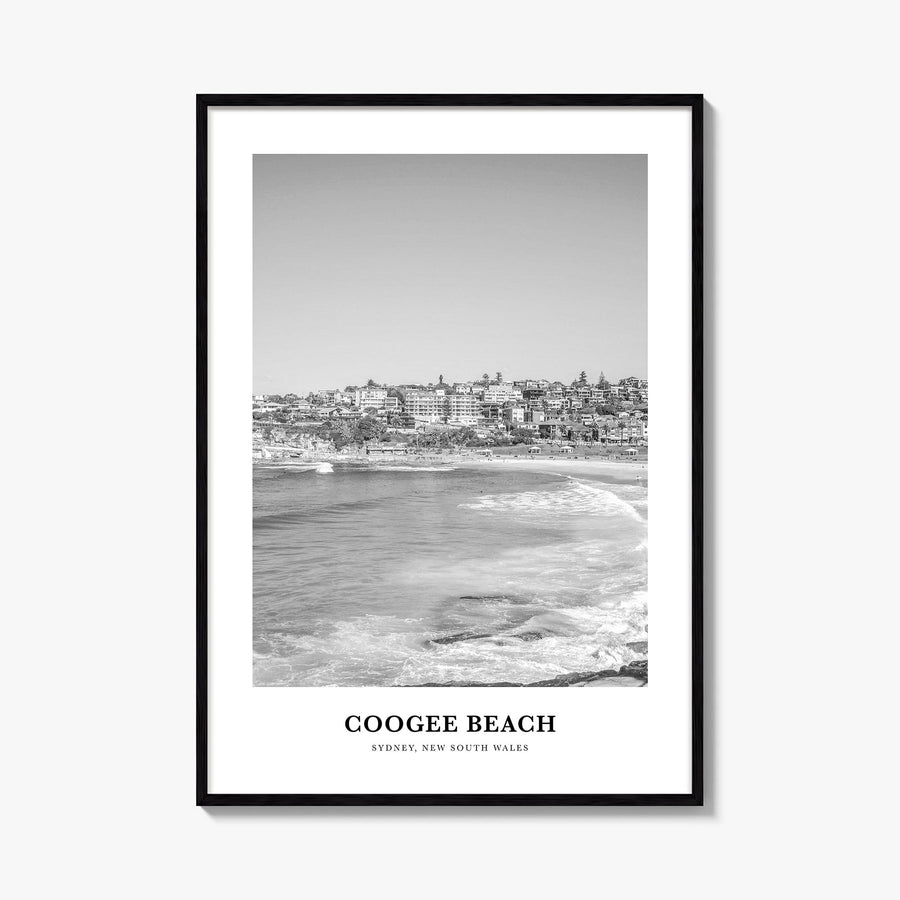 Coogee Beach black & white classic poster of Sydney, New South Wales – vertical wall art, unframed print shown in interior mo
