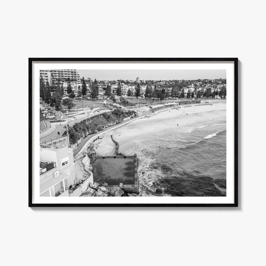 Coogee Beach black & white photo poster of Sydney, New South Wales – horizontal wall art, unframed print shown in interior mo