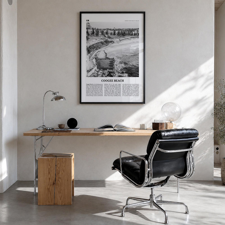 Coogee Beach no. 1 black & white newspaper poster of Sydney, New South Wales – vertical wall art in black wood frame, hanging