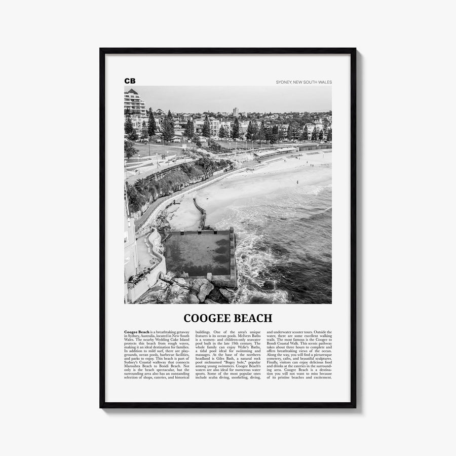 Coogee Beach no. 1 black & white newspaper poster of Sydney, New South Wales – vertical wall art, unframed print shown in int