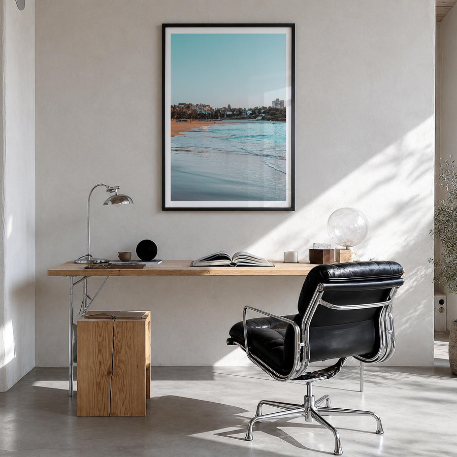 Coogee Beach no. 1 colorful photo poster of Sydney, New South Wales – vertical wall art in black wood frame with white border