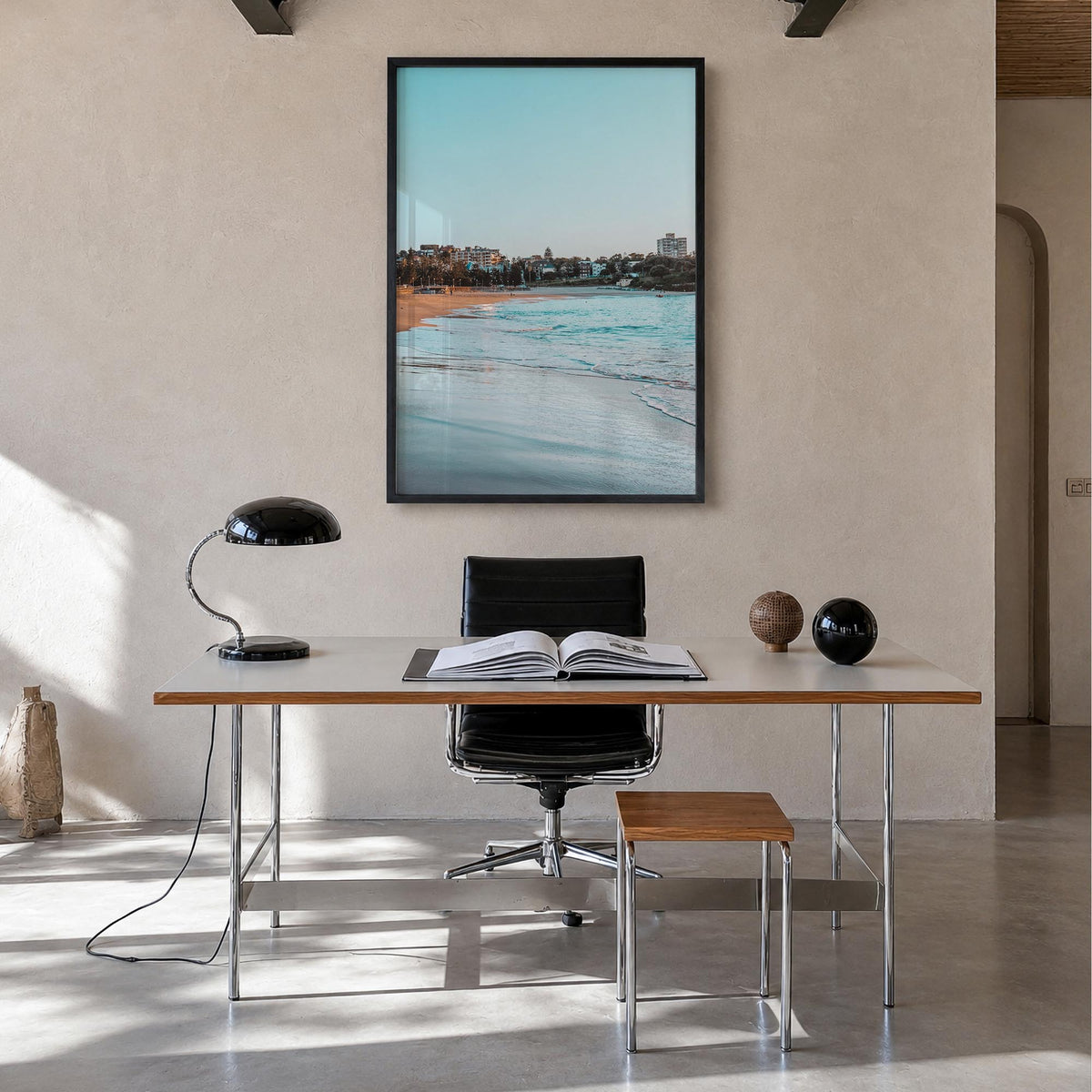 Coogee Beach no. 1 colorful photo poster of Sydney, New South Wales – vertical wall art in black wood frame, hanging on wall