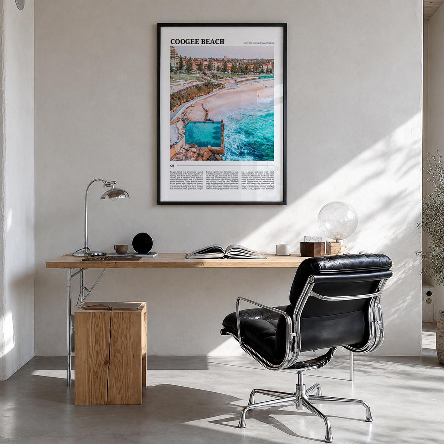 Coogee Beach no. 1 colorful travel poster of Sydney, New South Wales – vertical wall art in black wood frame, hanging on wall