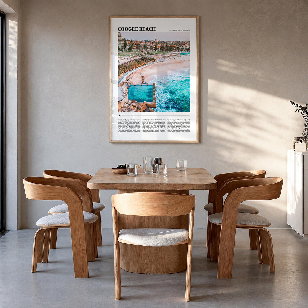 Coogee Beach no. 1 colorful travel poster of Sydney, New South Wales – vertical wall art in natural wood frame, hanging on wa
