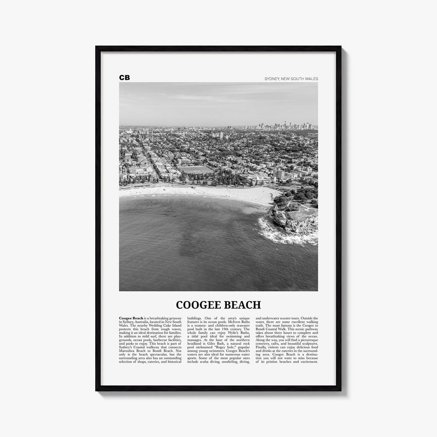 Coogee Beach no. 2 black & white newspaper poster of Sydney, New South Wales – vertical wall art, unframed print shown in int