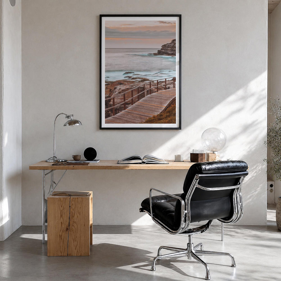 Coogee Beach no. 2 colorful photo poster of Sydney, New South Wales – vertical wall art in black wood frame with white border
