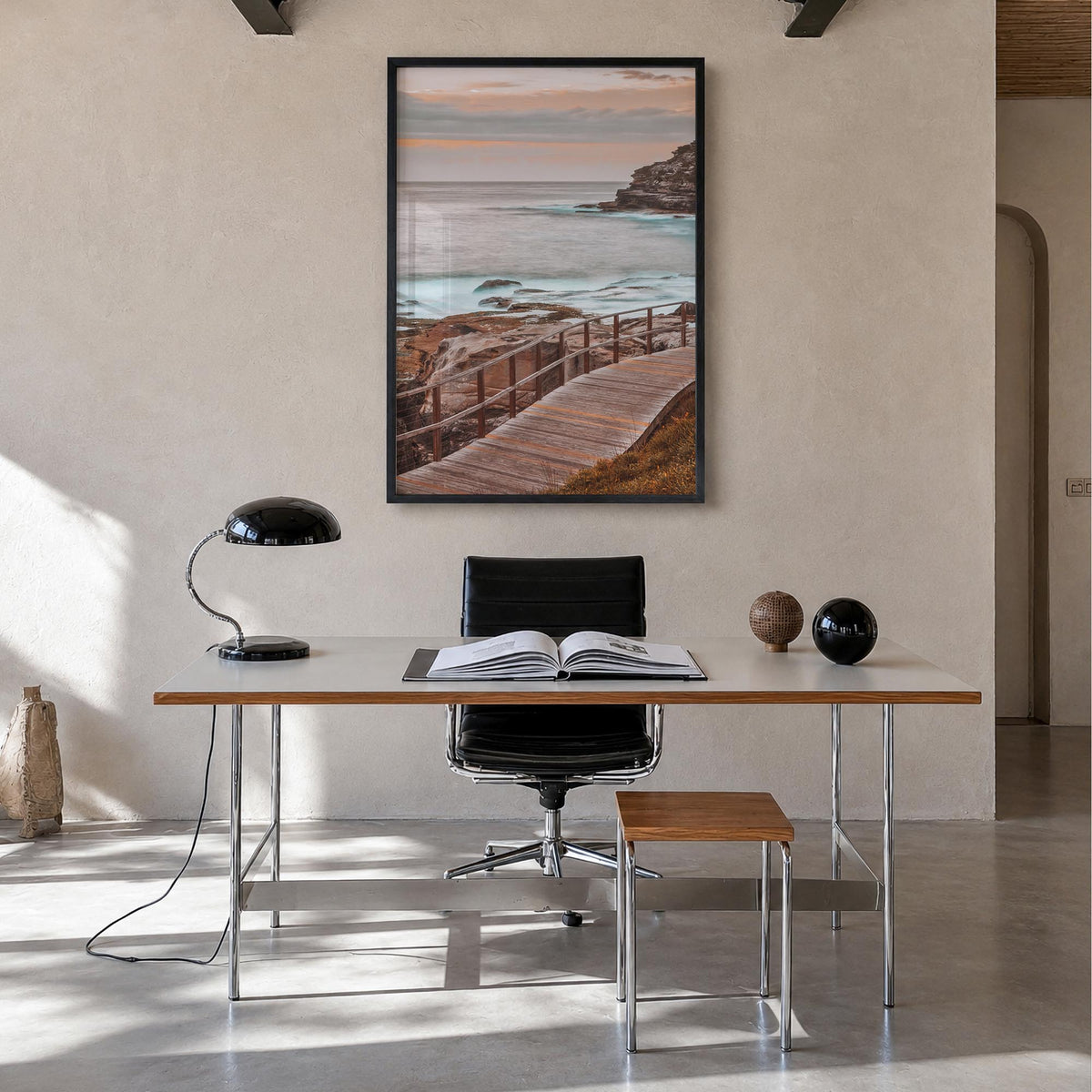 Coogee Beach no. 2 colorful photo poster of Sydney, New South Wales – vertical wall art in black wood frame, hanging on wall
