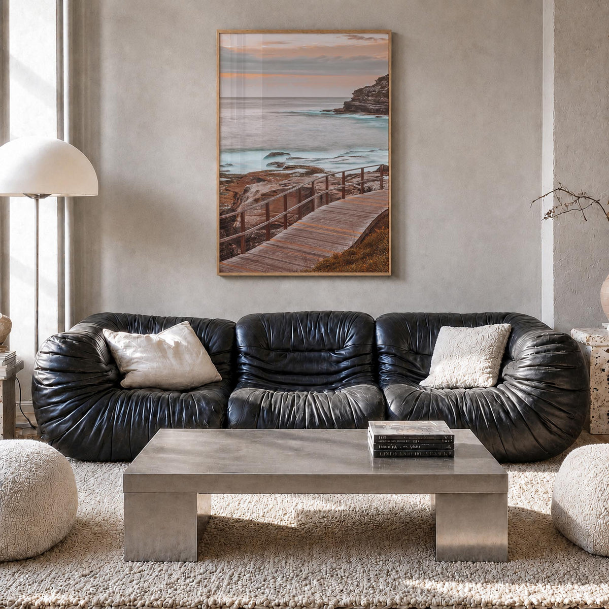 Coogee Beach no. 2 colorful photo poster of Sydney, New South Wales – vertical wall art in natural wood frame, hanging on wal