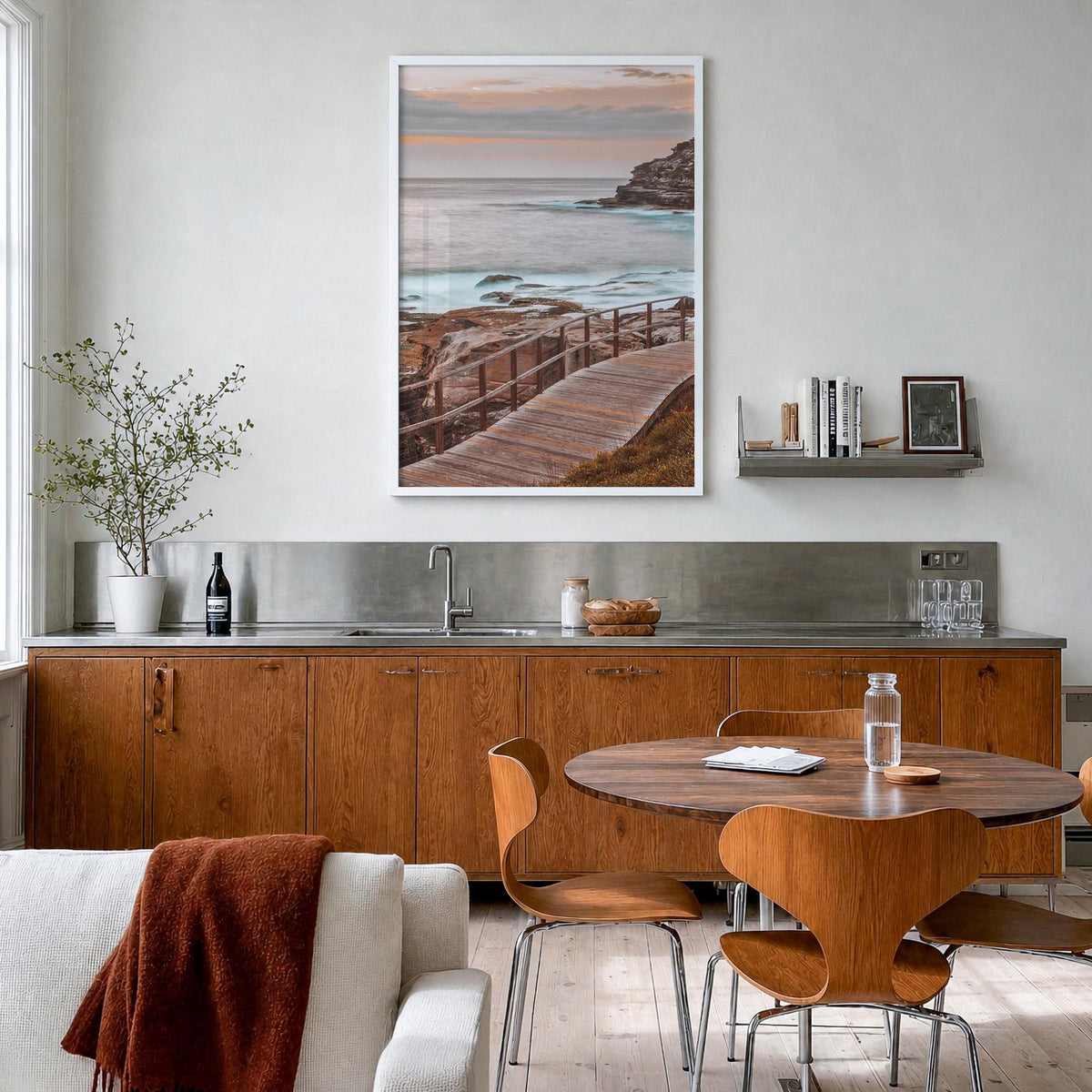 Coogee Beach no. 2 colorful photo poster of Sydney, New South Wales – vertical wall art in white wood frame, hanging on wall