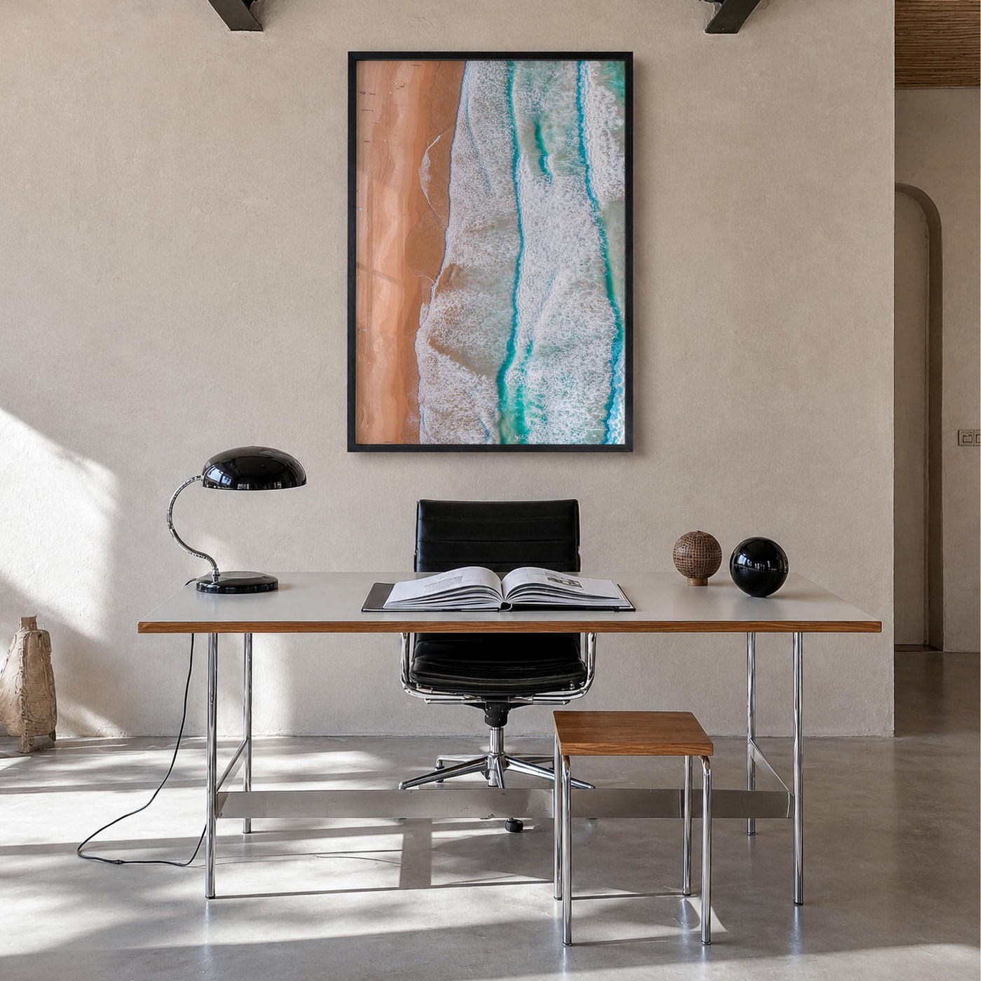 Coogee Beach no. 3 colorful photo poster of Sydney, New South Wales – vertical wall art in black wood frame, hanging on wall