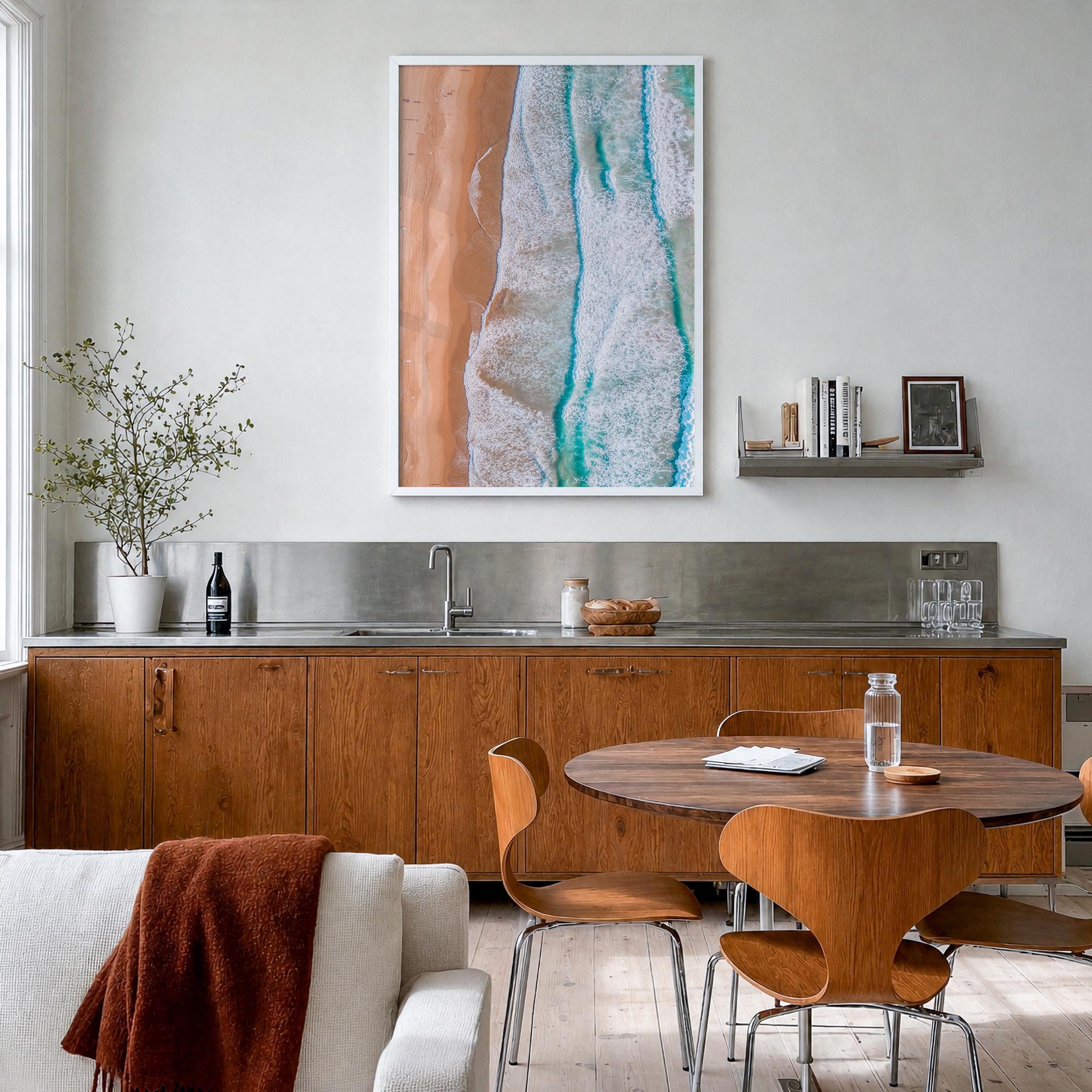 Coogee Beach no. 3 colorful photo poster of Sydney, New South Wales – vertical wall art in white wood frame, hanging on wall