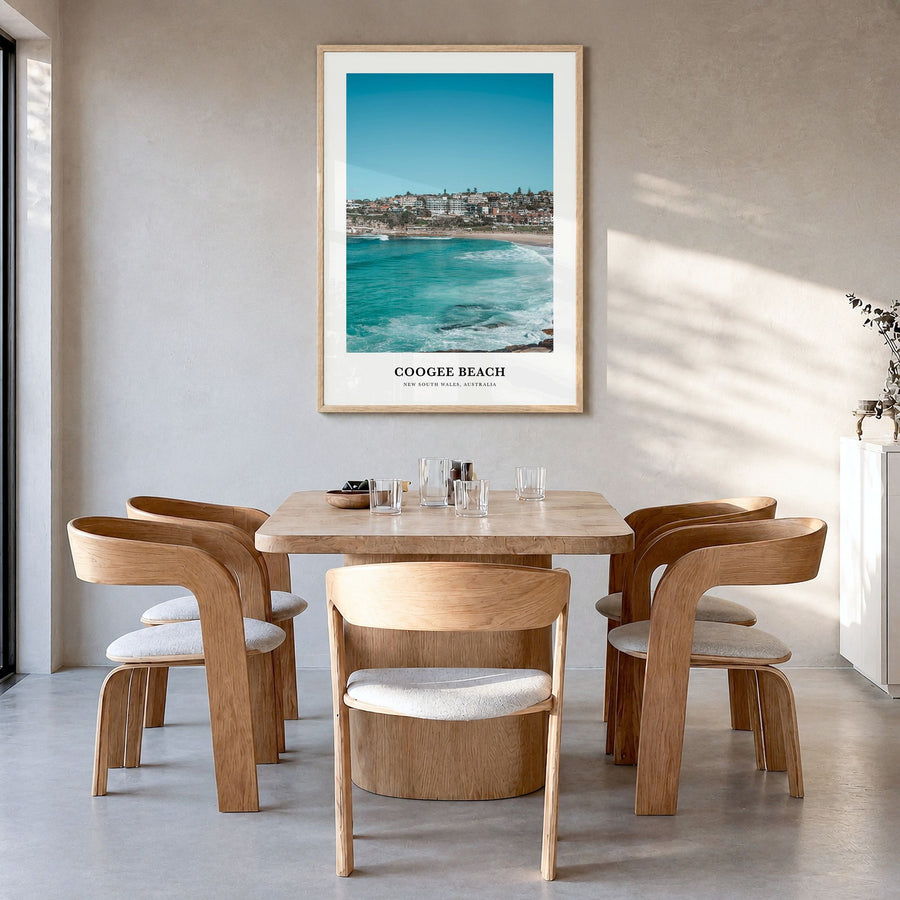 Coogee Beach Classic No 2 Poster in a natural wood frame, hanging in a dining room