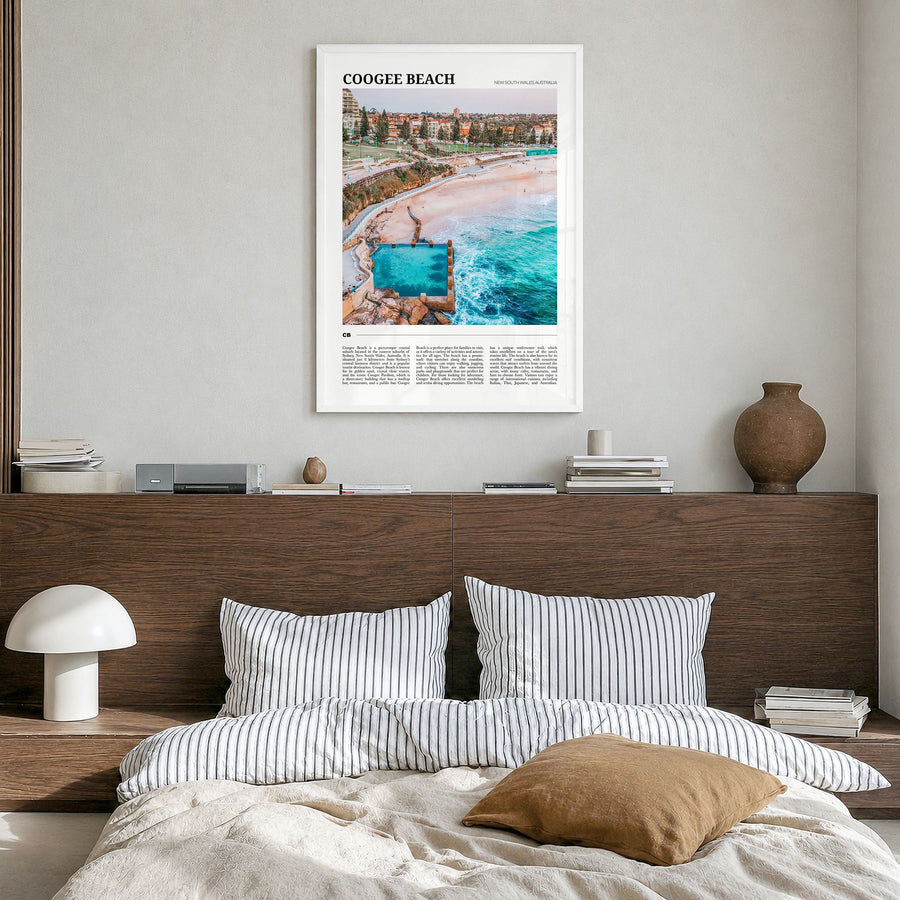 Coogee Beach Travel No 1 Poster in a white wood frame, hanging in a bedroom