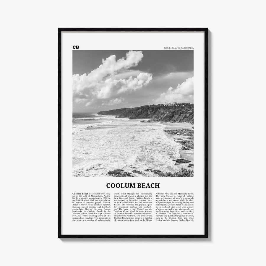 Coolum Beach black & white newspaper poster of Australia – vertical wall art, unframed print shown in interior mockup