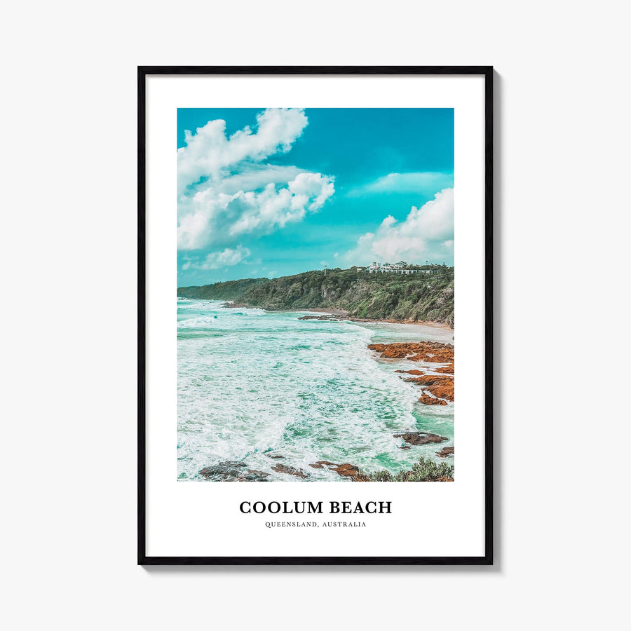 Coolum Beach colorful classic poster of Australia – vertical wall art, unframed print shown in interior mockup