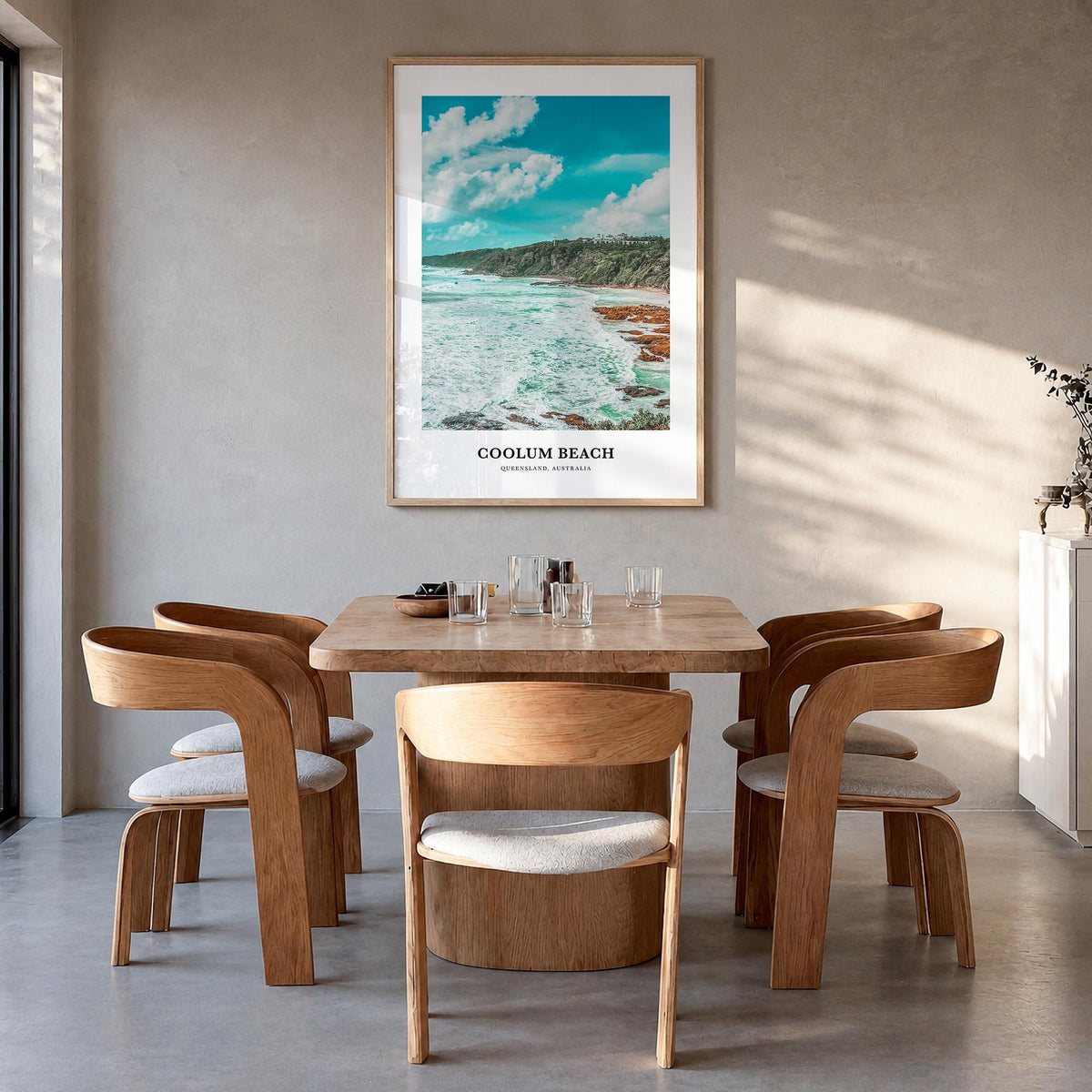 Coolum Beach colorful classic poster of Australia – vertical wall art in natural wood frame, hanging on wall