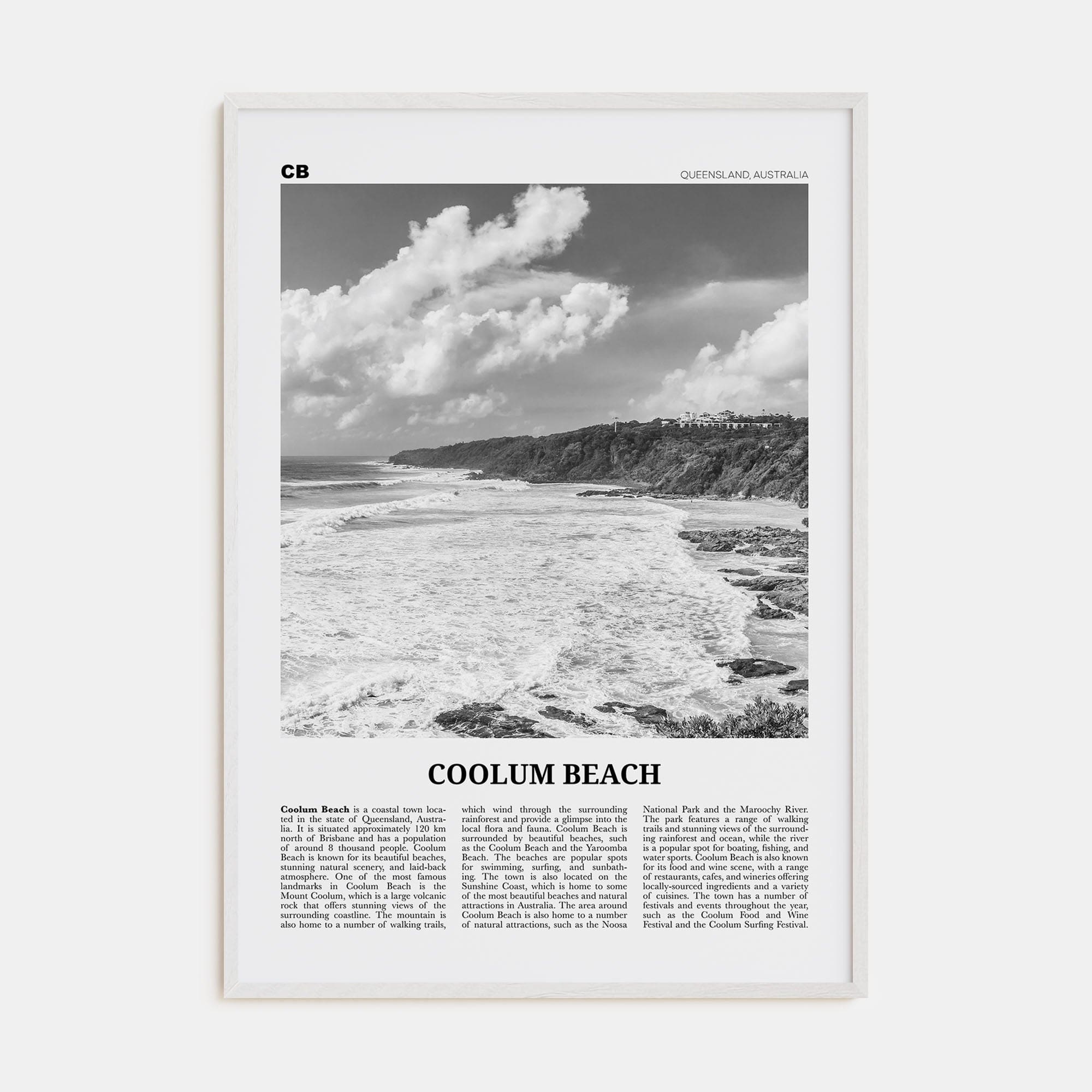 Coolum Beach Poster White Wood / 8x12 in Nbourhood Travel B&W Poster