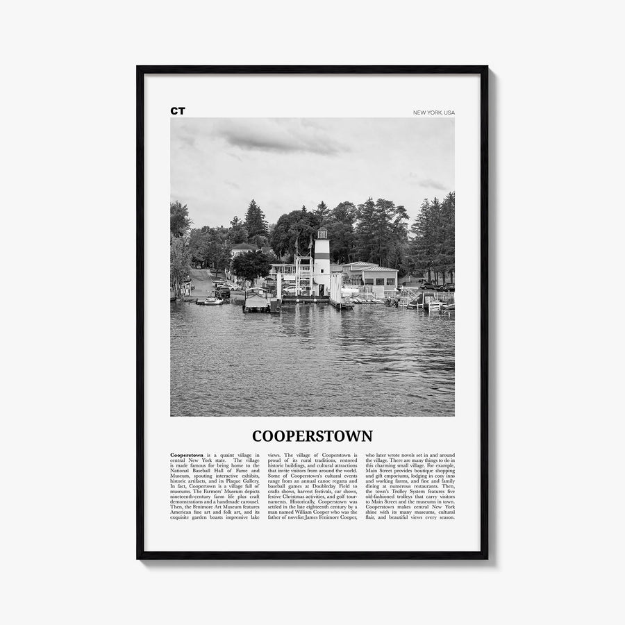 Cooperstown black & white newspaper poster of New York, USA – vertical wall art, unframed print shown in interior mockup