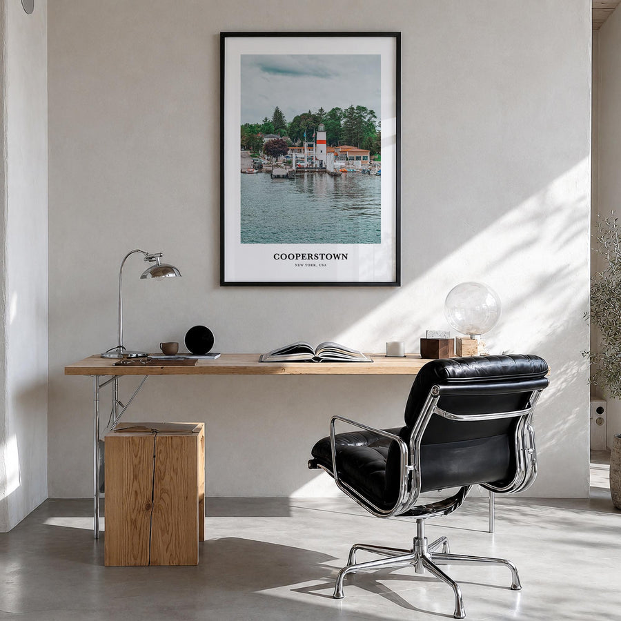 Cooperstown colorful classic poster of New York, USA – vertical wall art in black wood frame, hanging on wall